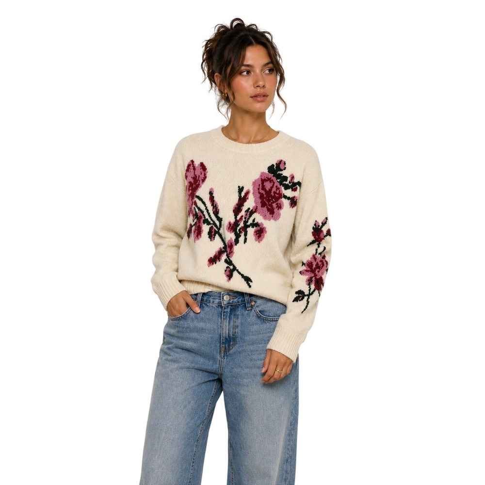 NWT Ted Baker London Floral Embroidered Wool‎ Alpaca Blend Cream Sweater Women M